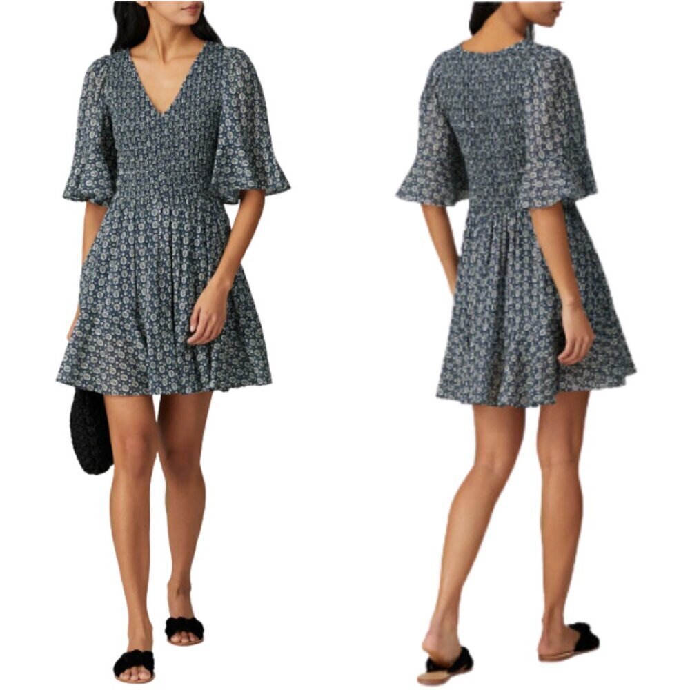 NWOT La Vie Rebecca Taylor Petula Smock Mini Dress Womens Small Blue Floral Chic